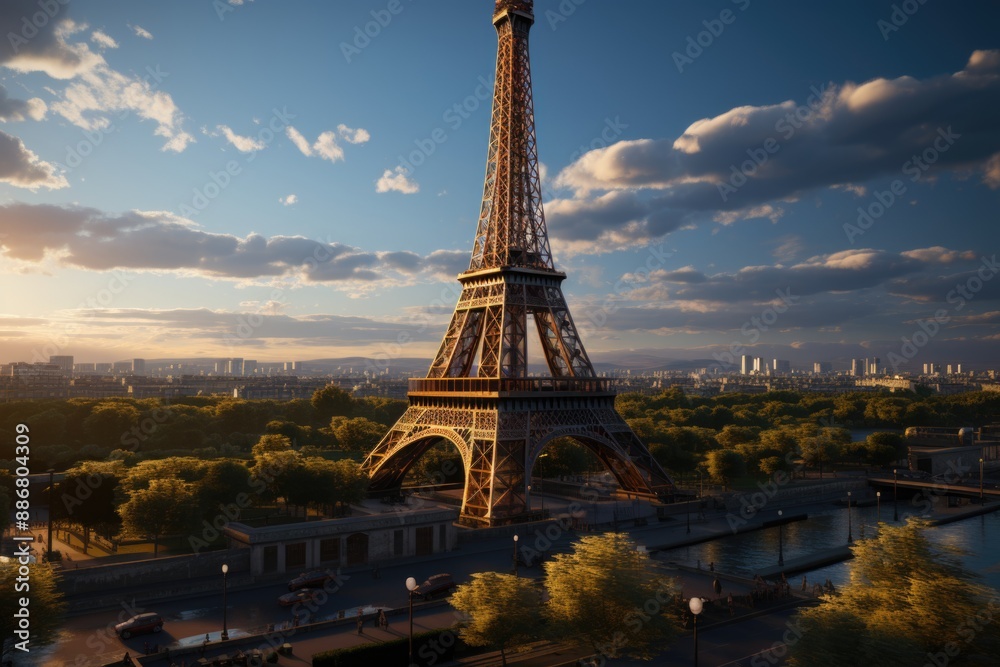 Naklejka premium Eiffel Tower at sunset in Paris France Romantic Travel background, generative IA