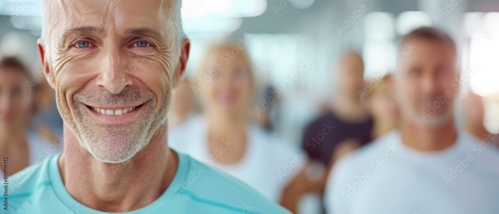  A close-up of a smiling man is sharp, but the background with the group of people is blurred