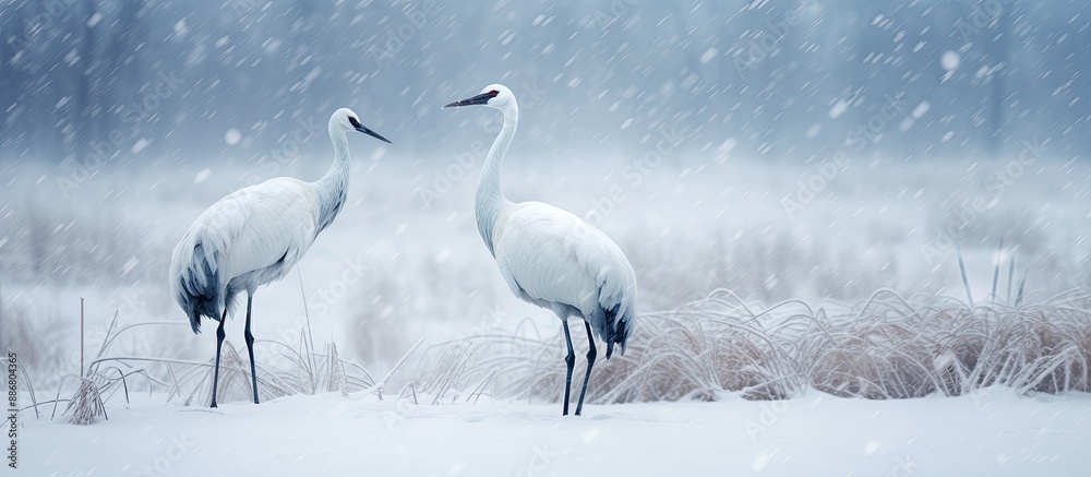 Obraz premium Snowy Hokkaido wildlife scene featuring two Red-crowned cranes in a snowy meadow during a snowstorm with copy space image.
