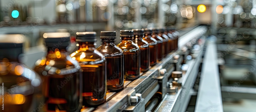A detailed background image showcasing bottles on a conveyor belt at a food factory, providing ample copy space. A detailed background image showcasing bottles on a conveyor belt at a food factory, providing ample copy space.