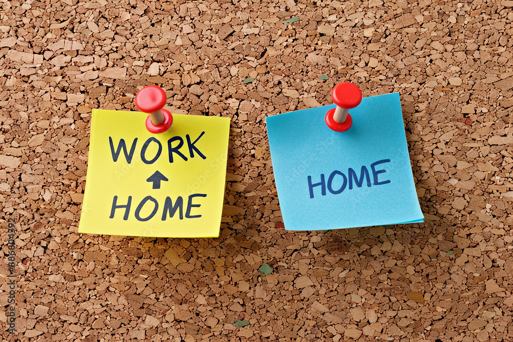 Sticky notes pinned to a corkboard, one indicating 'Work' and the other ...