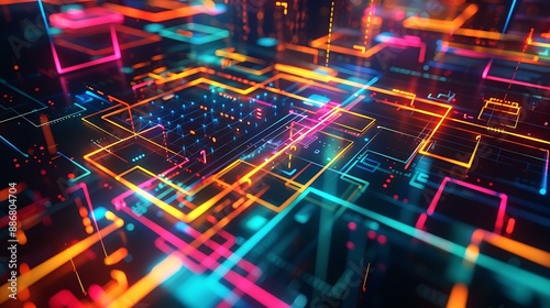 Wallpaper Mural A dynamic abstract artwork showcasing colorful neon geometric forms and illuminated structures in a digital cyberspace environment with a dark backdrop Torontodigital.ca