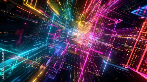 An abstract digital composition with complex geometric shapes and neon lights, creating a vibrant and energetic scene in cyberspace against a dark background