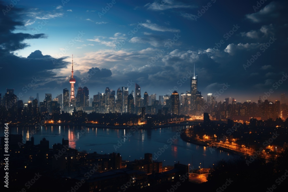 Naklejka premium United States of America in Liberty Statue on the US Flag USA The Sunset, generative IA