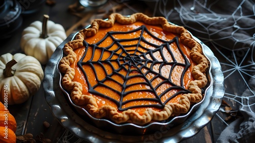 Pumpkin pie with spooky spider web icing. photo