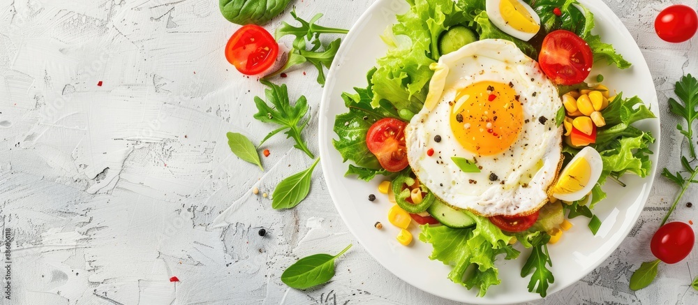 Fresh salad with omelet and vegetables on a table with a food background providing copy space image. Fresh salad with omelet and vegetables on a table with a food background providing copy space image.
