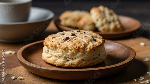 petite vanilla bean scone served aesthetically in a wooden plate and table