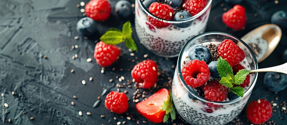 Close-up image featuring two glasses of chia pudding with vegan almond milk, blueberries, and seeds next to berries & Greek yogurt with a spoon; background includes copy space. Close-up image featuring two glasses of chia pudding with vegan almond milk, blueberries, and seeds next to berries & Greek yogurt with a spoon; background includes copy space.