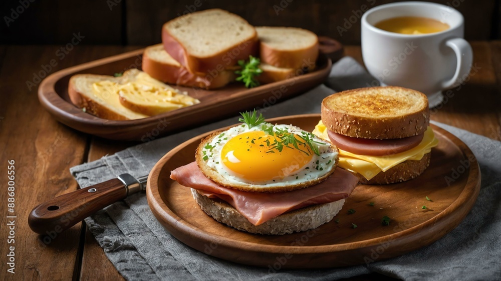 spam classic egg and cheese on potato bread served aesthetically in a wooden plate and table spam classic egg and cheese on potato bread served aesthetically in a wooden plate and table