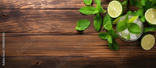 Glass with a refreshing mojito cocktail, ice, mint, and lime on a wooden rustic backdrop, suitable for text with a copy space image. photo