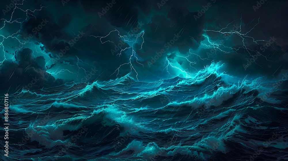Dark ocean storm in a surreal style with turquoise lightning, wavy waves under a pitch-dark night sky Dark ocean storm in a surreal style with turquoise lightning, wavy waves under a pitch-dark night sky