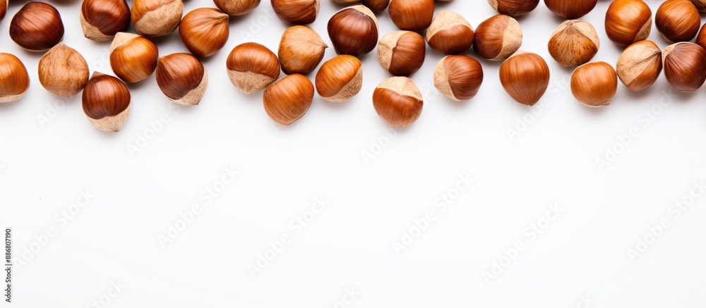 Top view of hazelnuts creatively arranged on a white background with copy space image, representing a concept of healthy nutrition, nuts, and healthy fats. Top view of hazelnuts creatively arranged on a white background with copy space image, representing a concept of healthy nutrition, nuts, and healthy fats.