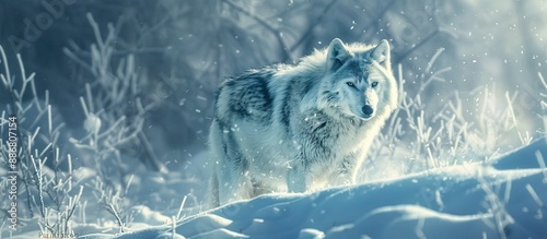 An Arctic wolf in a snowy landscape with a clear, open space in the picture for additional text or images. photo