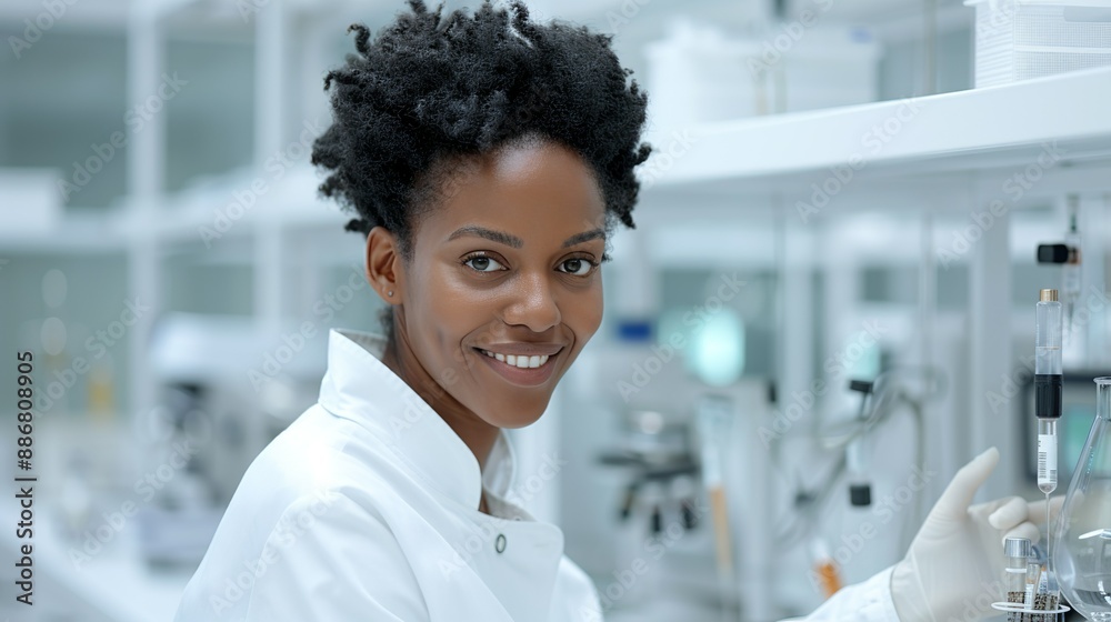 African scientist smiling while examining samples in a cutting-edge lab representing scientific curiosity and dedication Portrait, Realistic Photo, High resolution, Half-body picture, Minimalism, African scientist smiling while examining samples in a cutting-edge lab representing scientific curiosity and dedication Portrait, Realistic Photo, High resolution, Half-body picture, Minimalism,