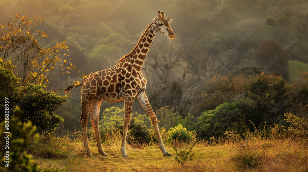 Obraz premium A majestic giraffe stands gracefully in a lush, green African landscape with dense foliage and trees in the background