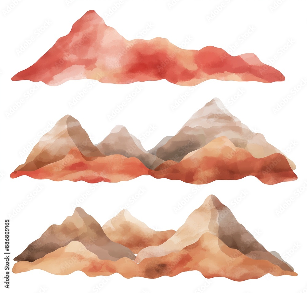 Three mountains are shown in a painting, with the tallest one in the middle Three mountains are shown in a painting, with the tallest one in the middle