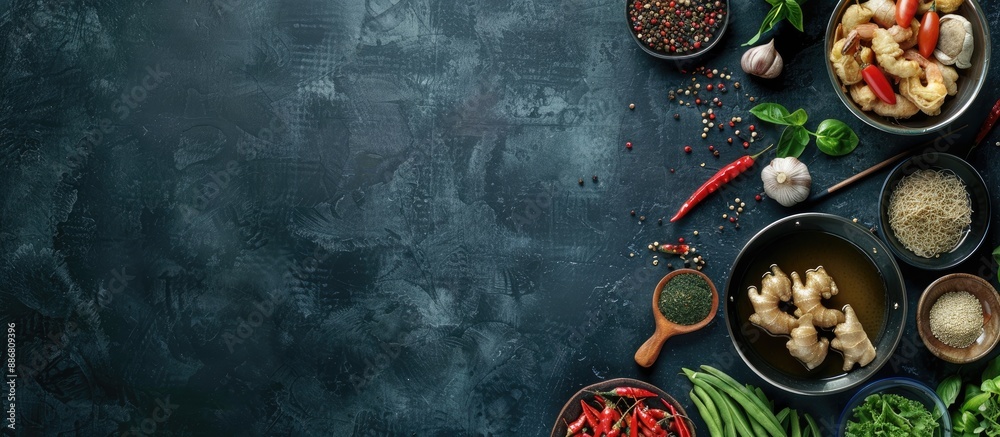 Asian cooking ingredients on a dark backdrop create an Asian food concept, with an open space and a top-down view for a copy space image. Asian cooking ingredients on a dark backdrop create an Asian food concept, with an open space and a top-down view for a copy space image.