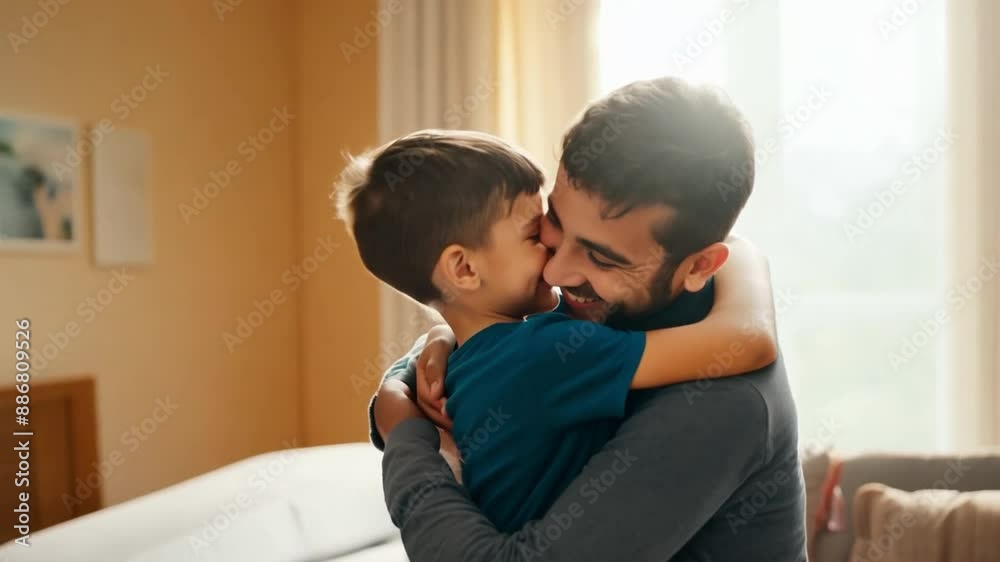 grin of a contented father spending time with his son at home grin of a contented father spending time with his son at home
