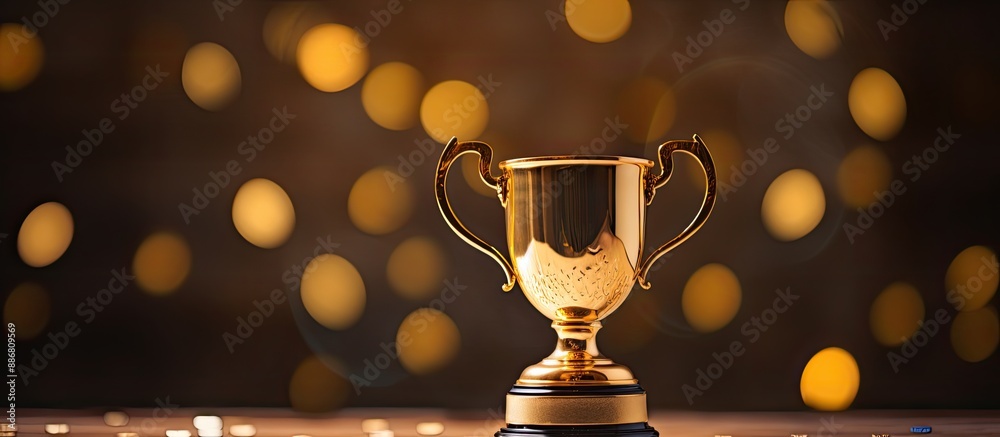 A small golden cup and medal in a copy space image symbolize achievement or victory. A small golden cup and medal in a copy space image symbolize achievement or victory.