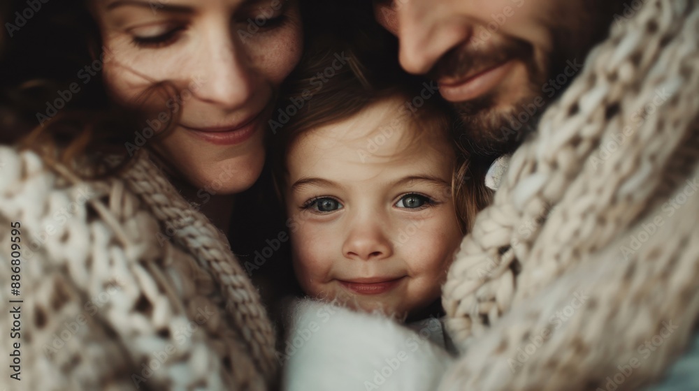 An affectionate scene where a couple is shown holding their baby while wrapped in warm knitwear, symbolizing family warmth, love, and protection against a chilly backdrop. An affectionate scene where a couple is shown holding their baby while wrapped in warm knitwear, symbolizing family warmth, love, and protection against a chilly backdrop.