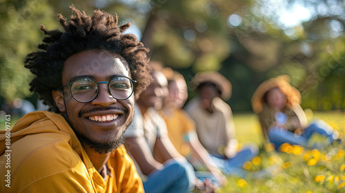 an African American man around a Group of young people sitting on the grass. happy, psychological safety. selective focus, blurred background photo