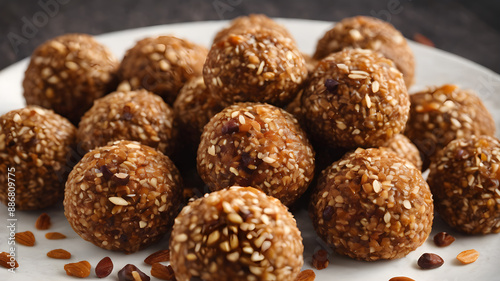 Photo of energy date balls isolated. Generative AI
