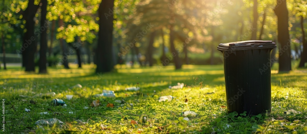 Public park with a trash bin and copy space image.