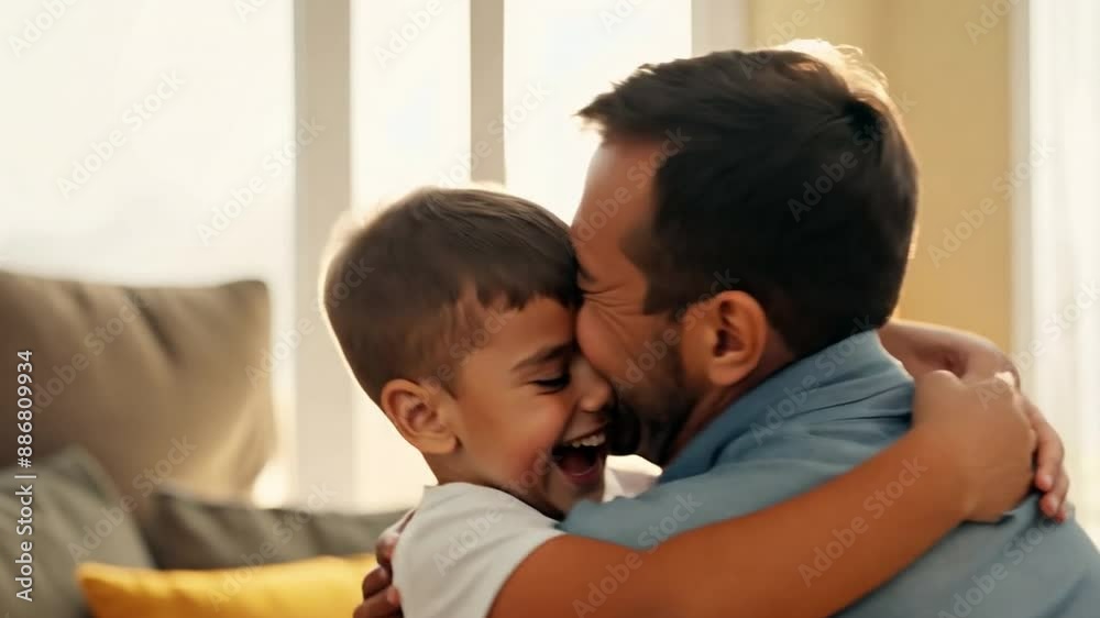 grin of a contented father spending time with his son at home grin of a contented father spending time with his son at home