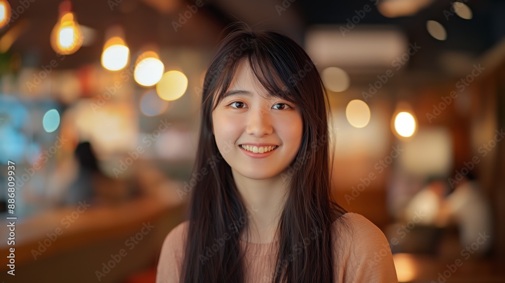 Smiling Japanese Teenage Girl in Cozy Ambient Lighting for Lifestyle and Social Media Smiling Japanese Teenage Girl in Cozy Ambient Lighting for Lifestyle and Social Media
