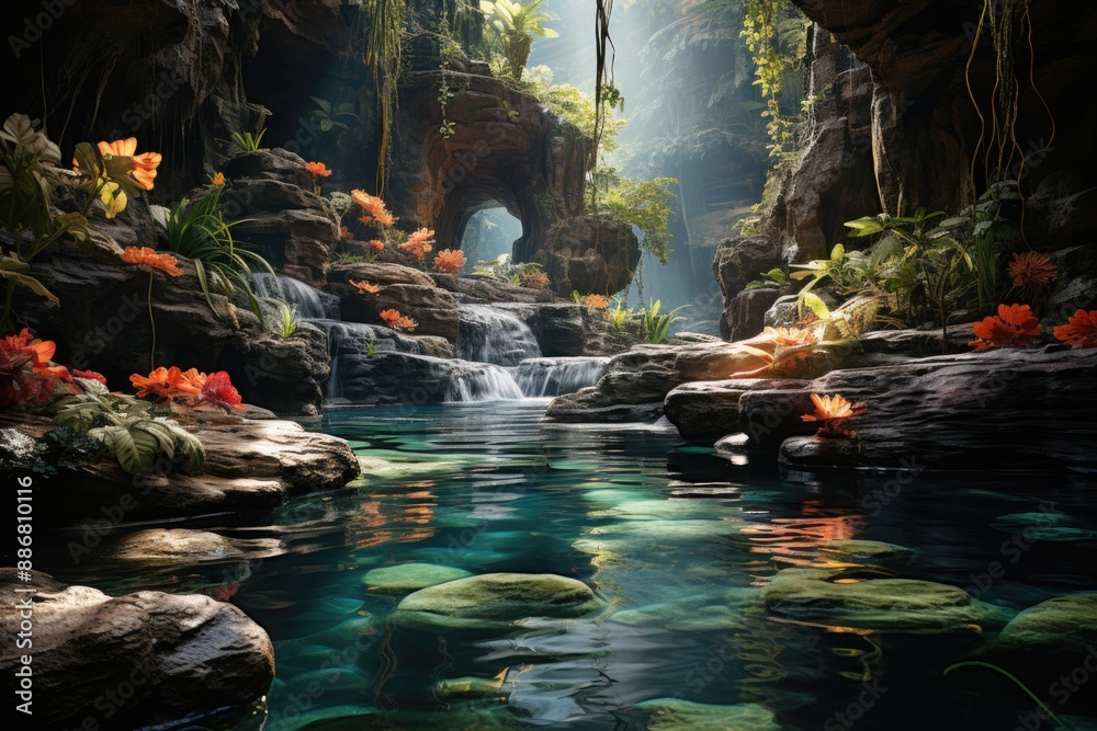 Fototapeta premium Beautiful Tropical Waterfall Lagoa in the Jungle Fantaste Fantasy Nature Landsca, generative IA