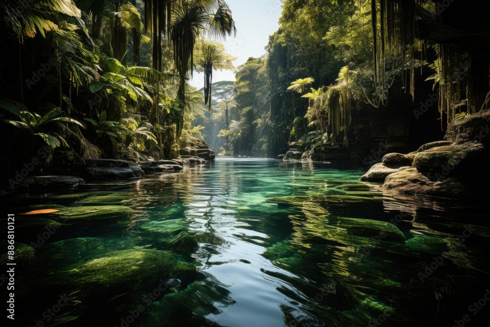Beautiful Tropical Waterfall Lagoa in the Jungle Fantaste Fantasy Nature Landsca, generative IA