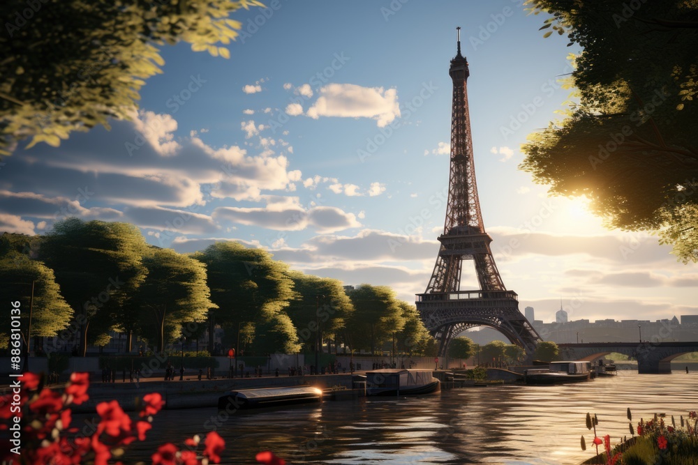 Fototapeta premium Beautiful photo of the Eiffel Tower in Paris, France, generative IA