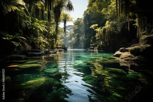 Obraz na płótnie Beautiful Tropical Waterfall Lagoa in the Jungle Fantaste Fantasy Nature Landsca, generative IA w salonie