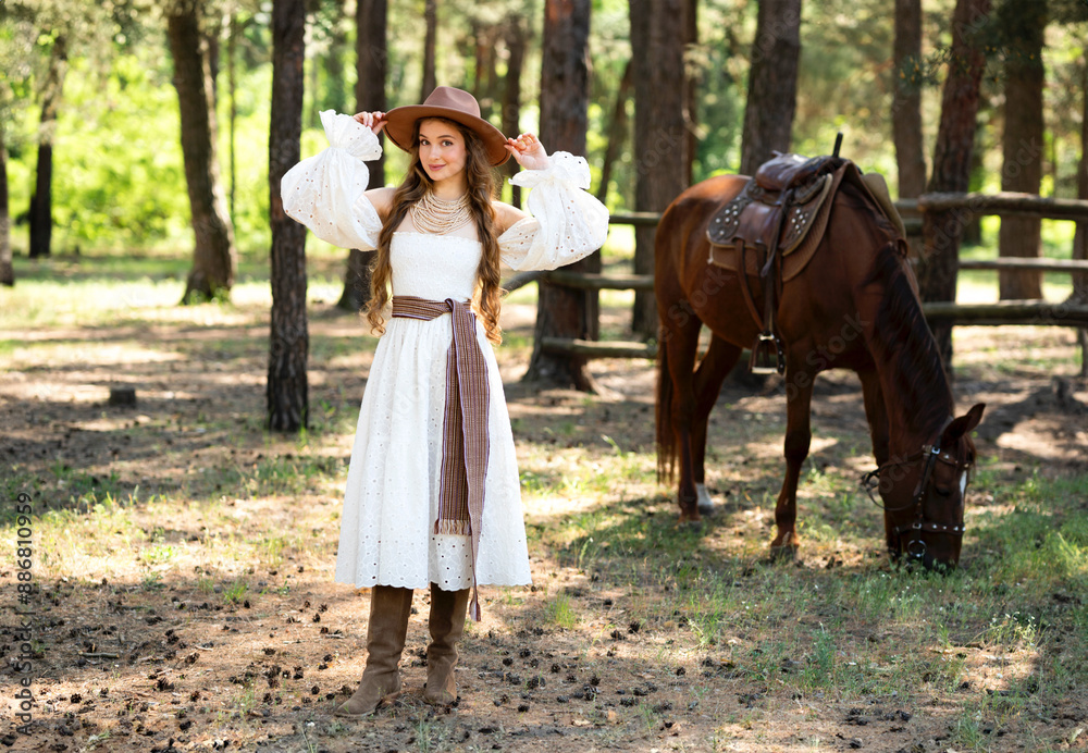 Portrait of beautiful blonde curl girl in medieval dress and fur vest on nature with horse. Young worker in rural scene in forest.Warm colorful art work. Portrait of beautiful blonde curl girl in medieval dress and fur vest on nature with horse. Young worker in rural scene in forest.Warm colorful art work.