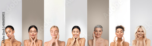 Fotografie Seven diverse women are standing against a white backdrop, each smiling and touching their faces gently