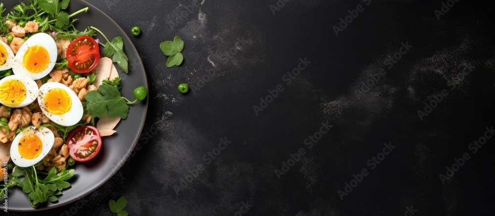 A top view image of a tuna salad with eggs, vegetables, and green leaves on a dark stone background, featuring copy space. A top view image of a tuna salad with eggs, vegetables, and green leaves on a dark stone background, featuring copy space.