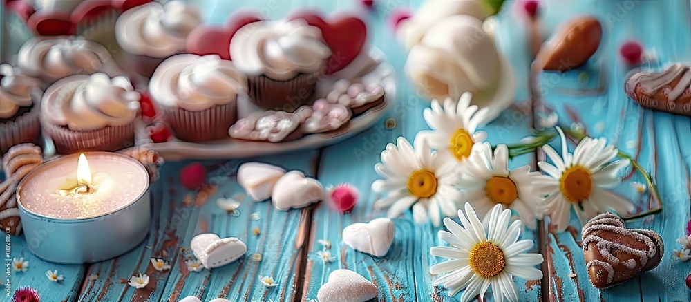 A charming display featuring white daisies, surrounding decorative hearts, candles, sweets on a blue wooden table, creating an inviting ambiance with potential copy space image. A charming display featuring white daisies, surrounding decorative hearts, candles, sweets on a blue wooden table, creating an inviting ambiance with potential copy space image.