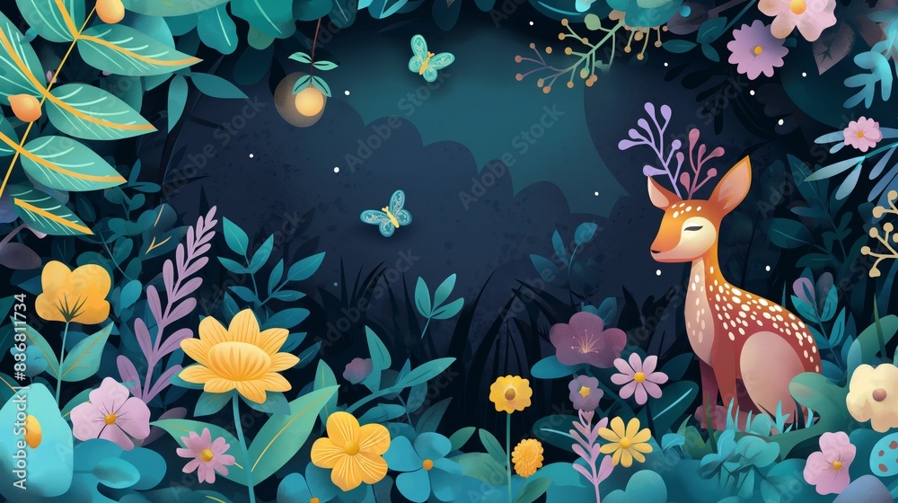 Fototapeta premium pretty fawn in flower garden at nighttime with firefly and butterfly, cute paper cut style illustration, nursery baby animal concept, 