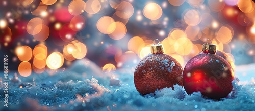 A festive Christmas decoration featuring balls in the snow with a blurred background of twinkling holiday lights, perfect for a greeting card with copy space image. photo