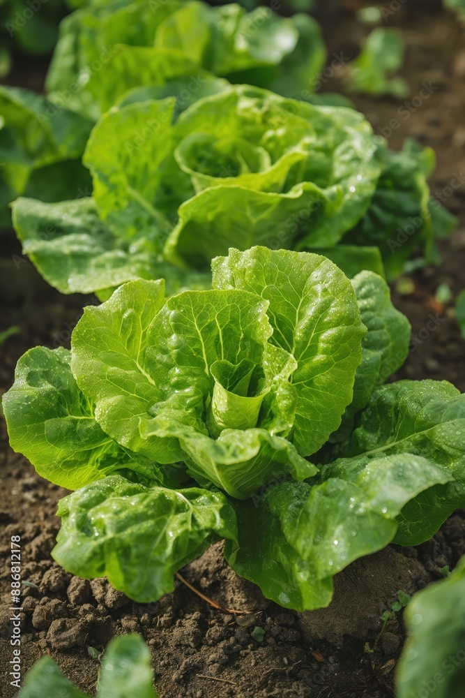 Three vibrant green lettuce plants with glossy leaves surrounded by small brown soil particles. Close up in natural setting with visible background creating depth, scale. Three vibrant green lettuce plants with glossy leaves surrounded by small brown soil particles. Close up in natural setting with visible background creating depth, scale.