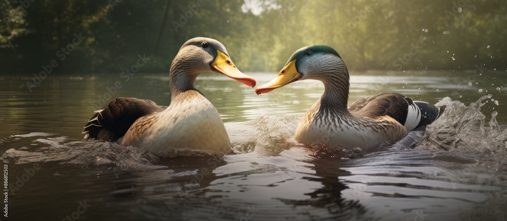 Two mallard ducks on the river quarrel over bread, showing aggression while surrounded by a natural setting with a large body of water, ideal for copy space image. Two mallard ducks on the river quarrel over bread, showing aggression while surrounded by a natural setting with a large body of water, ideal for copy space image.