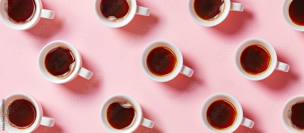 Obraz premium Multiple Americano cups on pink background in a flat lay composition, ideal for portraying coffee break or mornings at work, with copy space image available.
