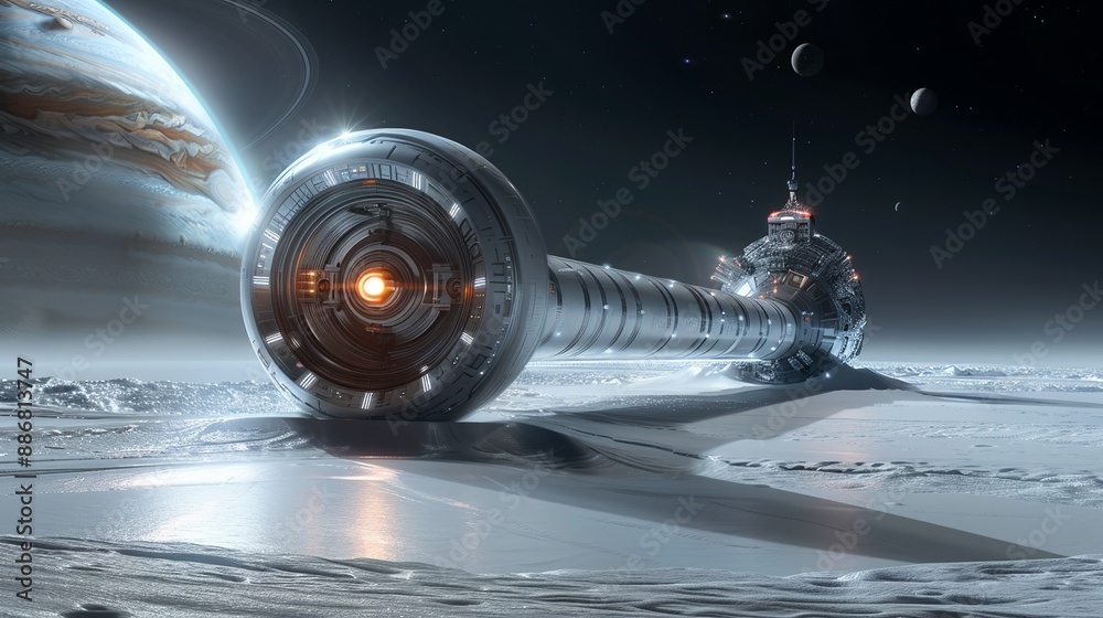 Sci-fi scene of a futuristic space station orbiting a gas giant, with ...