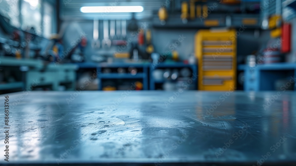 A metal blank tabletop with blurred automotive tools and parts in the background suitable for promoting automotive products A metal blank tabletop with blurred automotive tools and parts in the background suitable for promoting automotive products