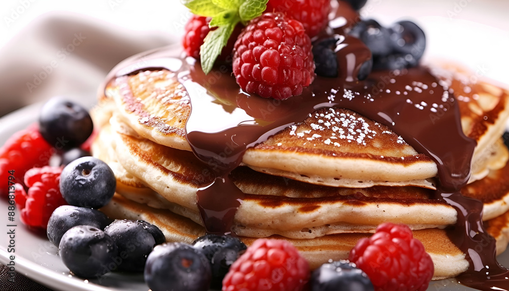 Stack of tasty pancakes with chocolate spread and berries isolated on white