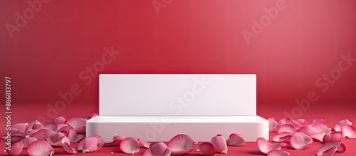 Rectangular white podium displayed on a red background embellished with rose petals for showcasing cosmetic products, suitable for product presentation mockups with copy space image. photo