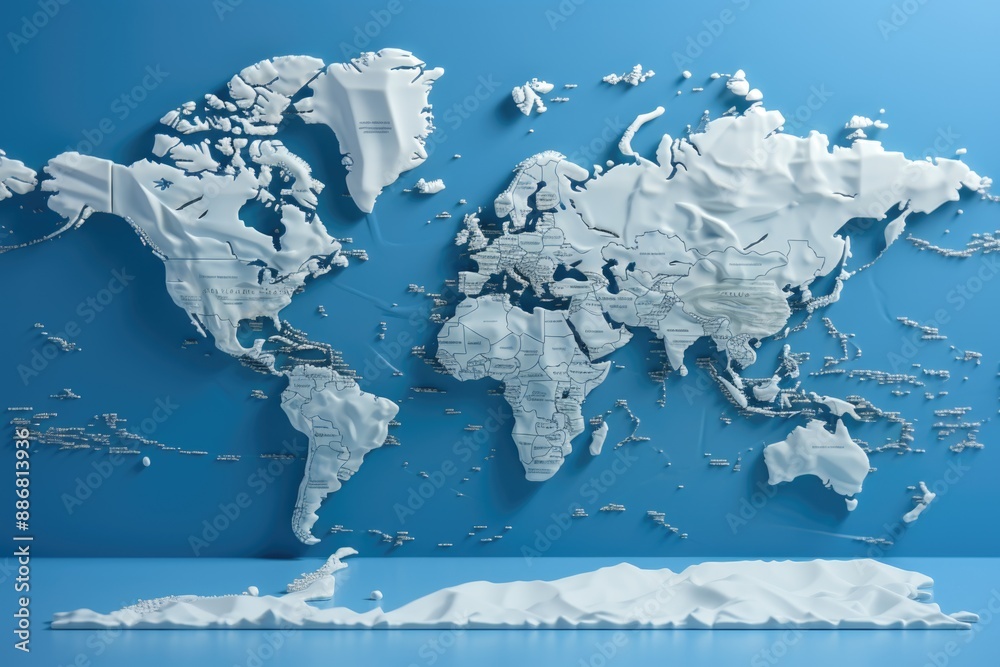 World White continent 3D rendering maps on a blue background. Atlas of the empty, generative IA World White continent 3D rendering maps on a blue background. Atlas of the empty, generative IA