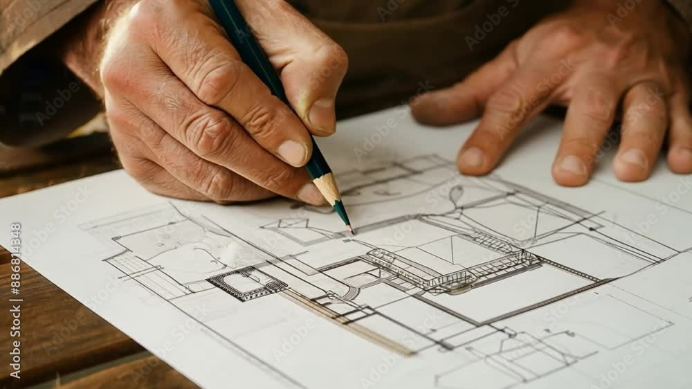 A plaid-shirted carpenter creates a blueprint for his workshop. A plaid-shirted carpenter creates a blueprint for his workshop.