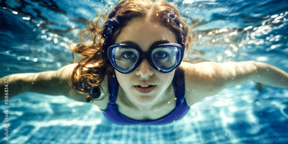 Fototapeta premium A young woman with curly hair swimming underwater while wearing goggles. The clear water and sunlight create a vibrant and refreshing scene.