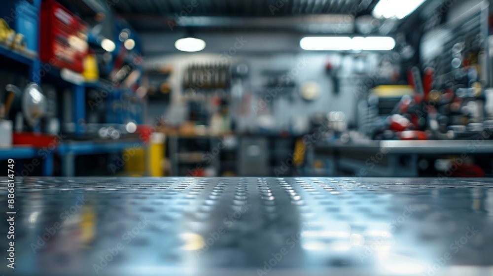 A metal blank tabletop with blurred automotive tools and parts in the background suitable for promoting automotive products A metal blank tabletop with blurred automotive tools and parts in the background suitable for promoting automotive products